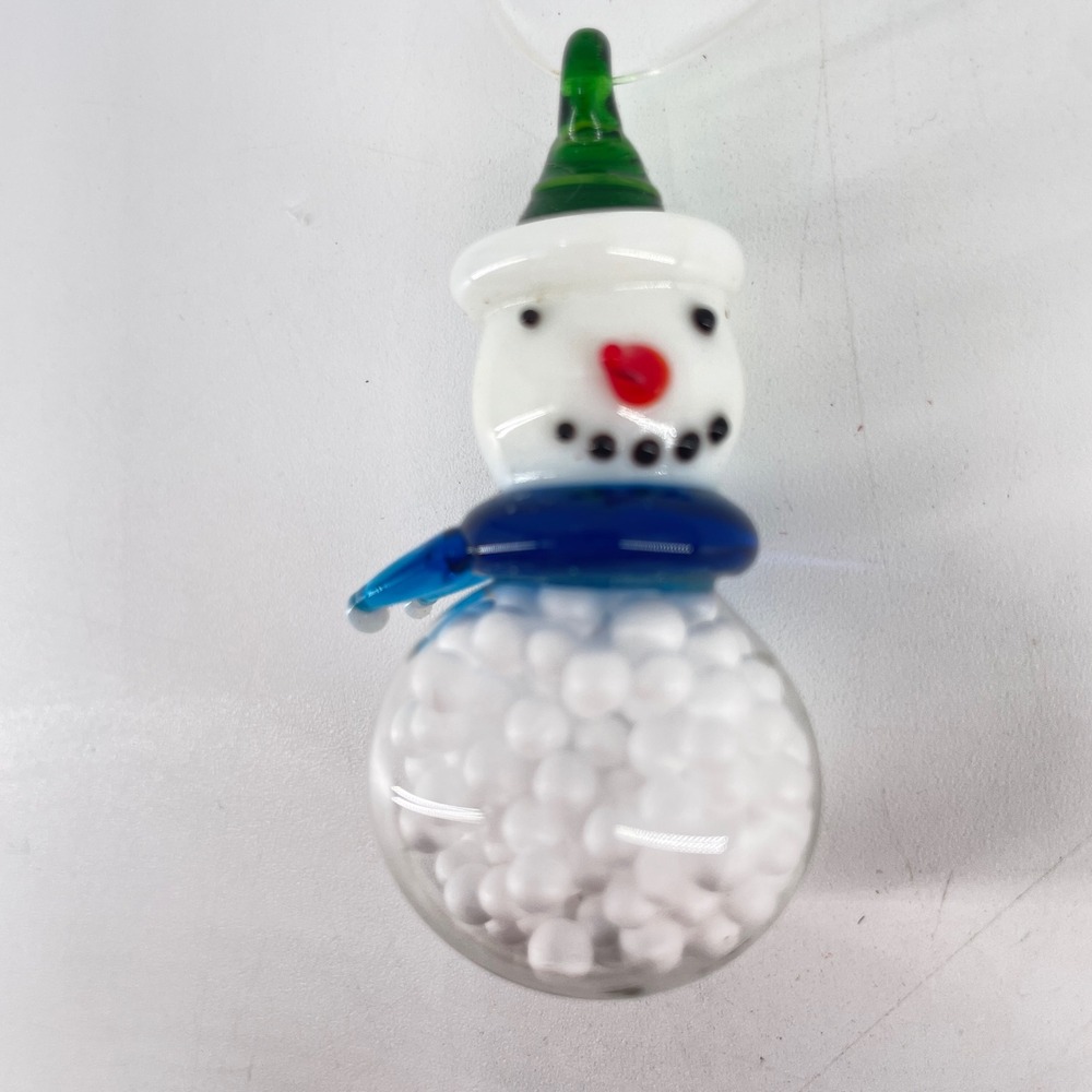 Department 56 Snowman Art Glass Ornament 2008 White Blue Green Faux Snow Fill